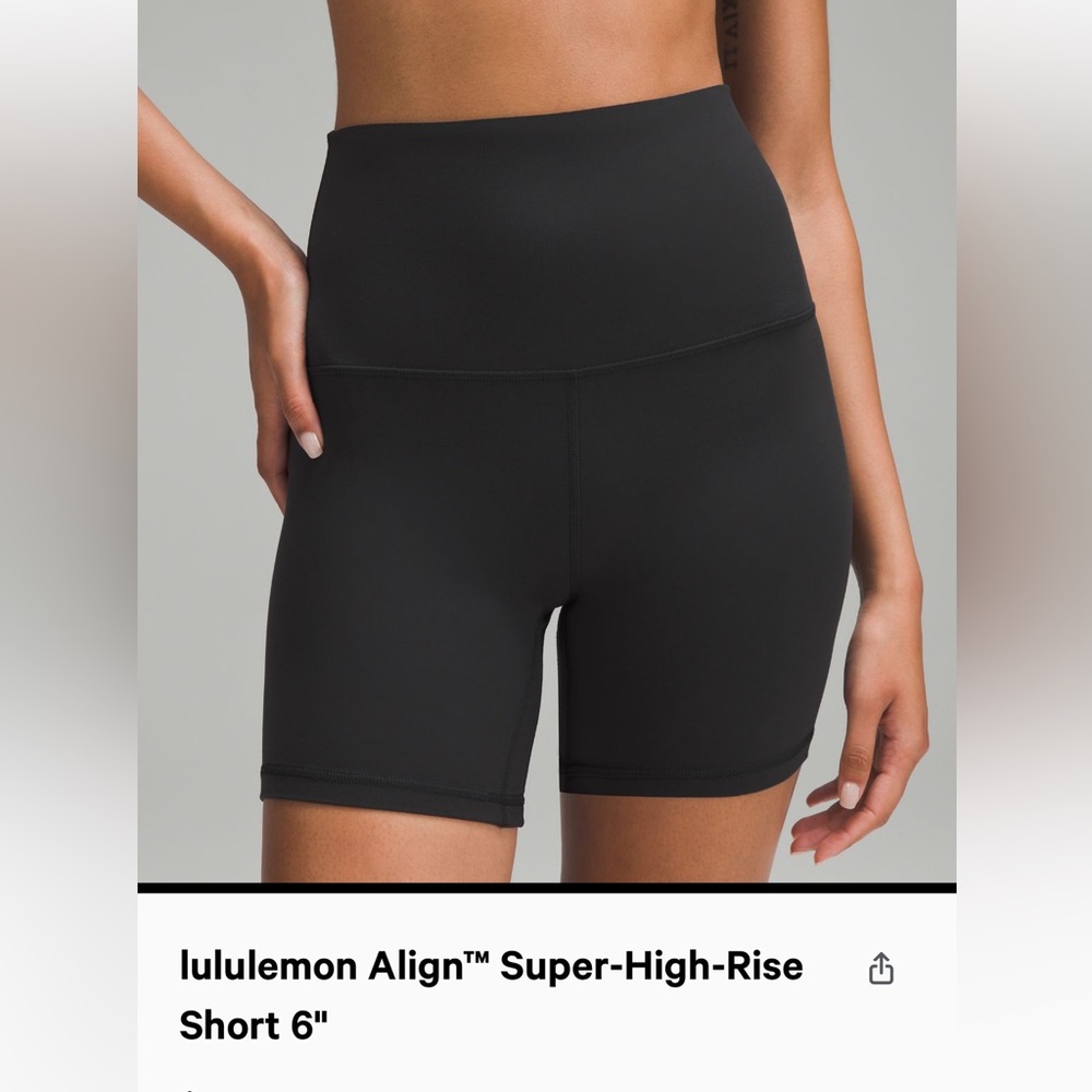 Cameo Lululemon Align Super-High-Rise Shorts 6 inches. Color is black.